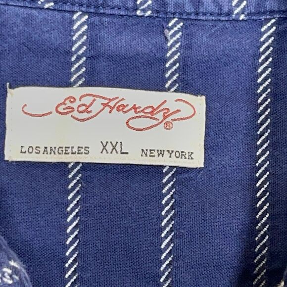 Ed Hardy Shirt Reverse Print Size XXL Striped Blue Pocket Cotton‎ VTG Y2K - Picture 2 of 9